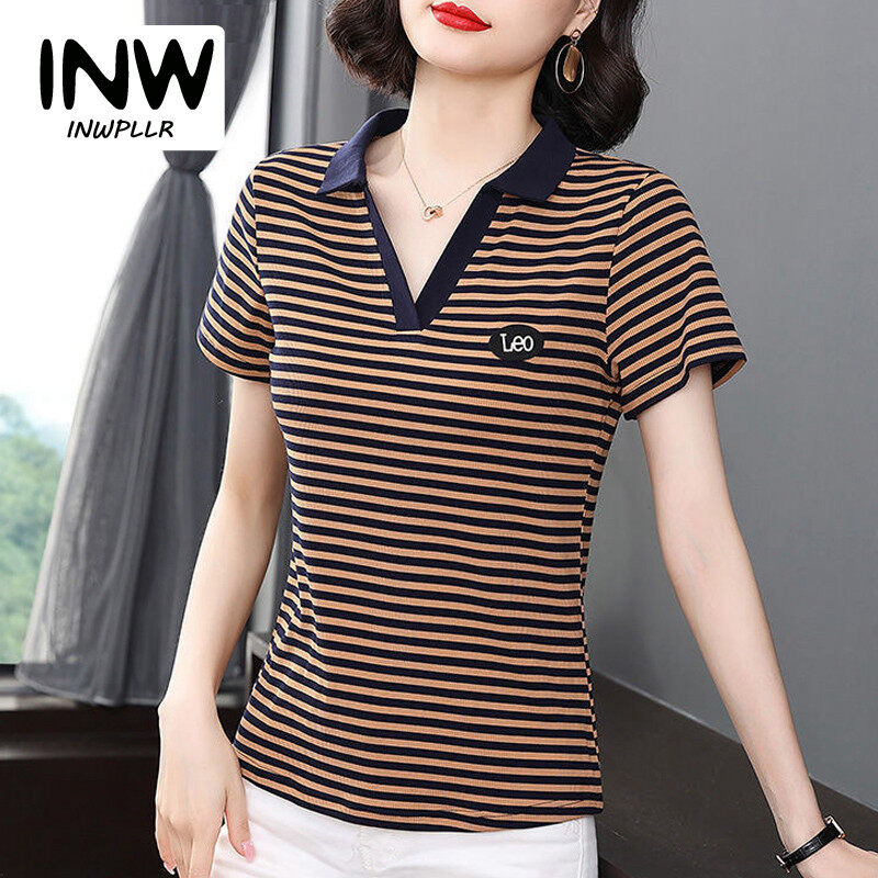 INWPLLR New Summer Fashion T-shirts Women Stripe Tops Casual Fashion Turn-down Collar T-shirts Summer Korean Style Letter Printed T-shirts Ladies