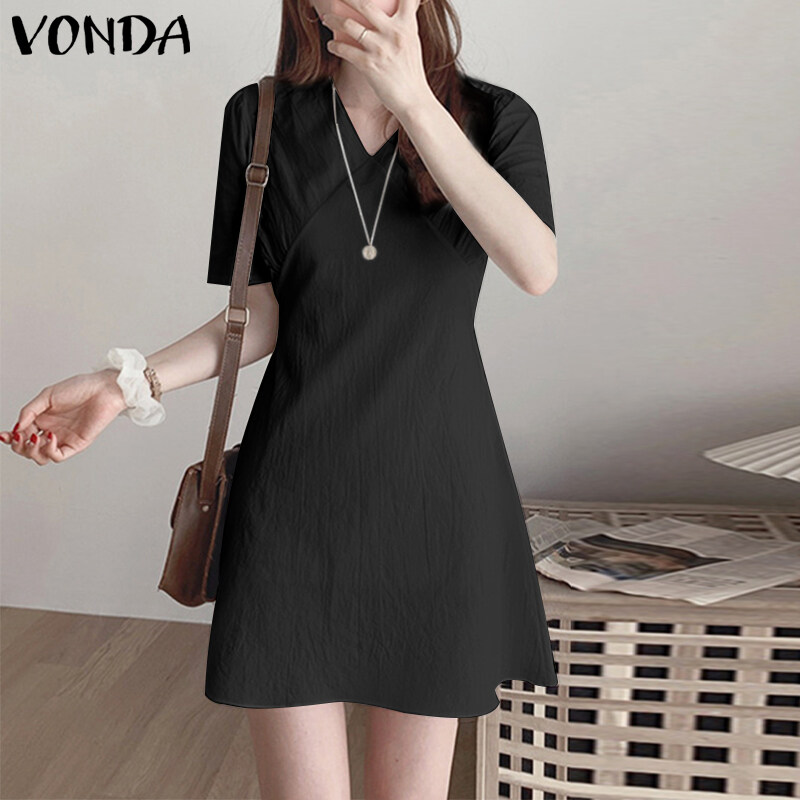 VONDA Women Casual Short Sleeve V Neck Holiday Plain Dress Fashion Pleated Party Short Dresses (Korean Causal)