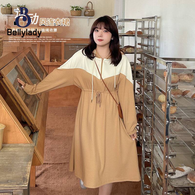BellyLady Women Long Sleeves Hooded Dress Trendy Sports Style Contrast Color Large Size Drawstring Dress