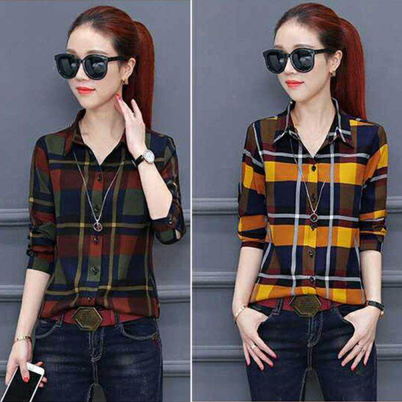 Korean Fashion Plaid Shirt Women New Long Sleeved Blouse