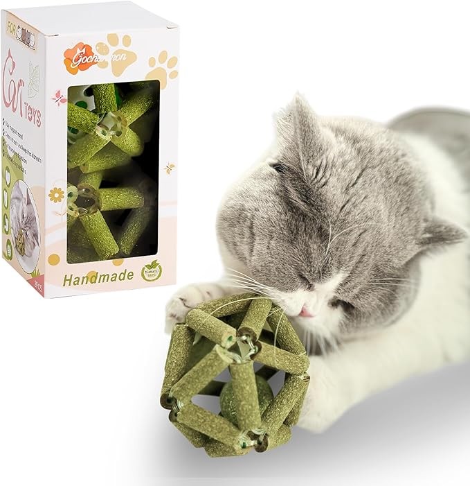 Cat Toys,2 Pcs Cat Grass Stick Cage Balls & Bell Ball,Cat Toys for Bored Indoor Cats,Safe Teeth Cleaning Cat Toothbrush,Cat Chew Toy for All Breeds