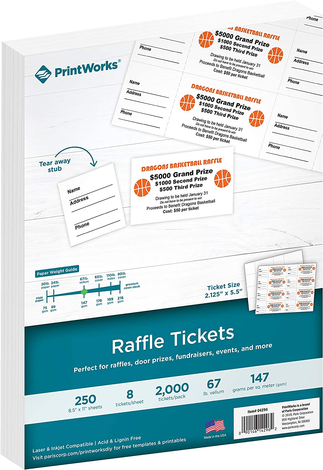 PrintWorks Raffle Tickets, Perforated Cardstock for Tickets with Tear-Away Stubs, 8.5 x 11, 67lb/147gsm, 8 Tickets Per Sheet, 250 Sheets, 2000 Tickets Total, White (04296) (2.125 x 5.5)